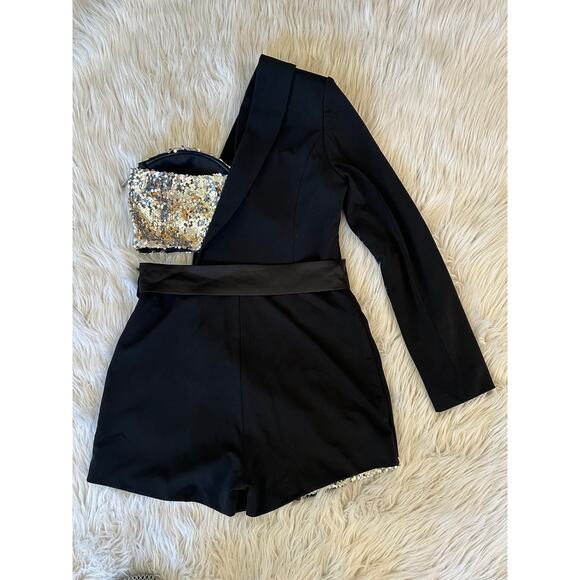 Miss Circle Skylynn Sequin Black Blazer Romper Belted Cut Out Sparkle Dress - Picture 10 of 16